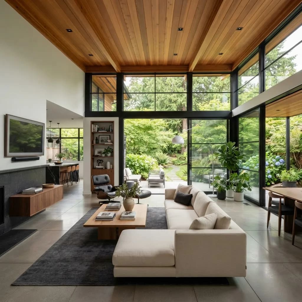 Living room with floor-to-ceiling black-framed windows looking onto a garden