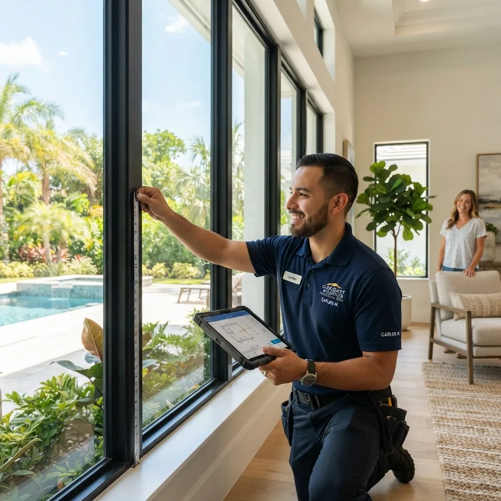 EcoGlass specialist reviewing a window with a homeowner during an in-home visit