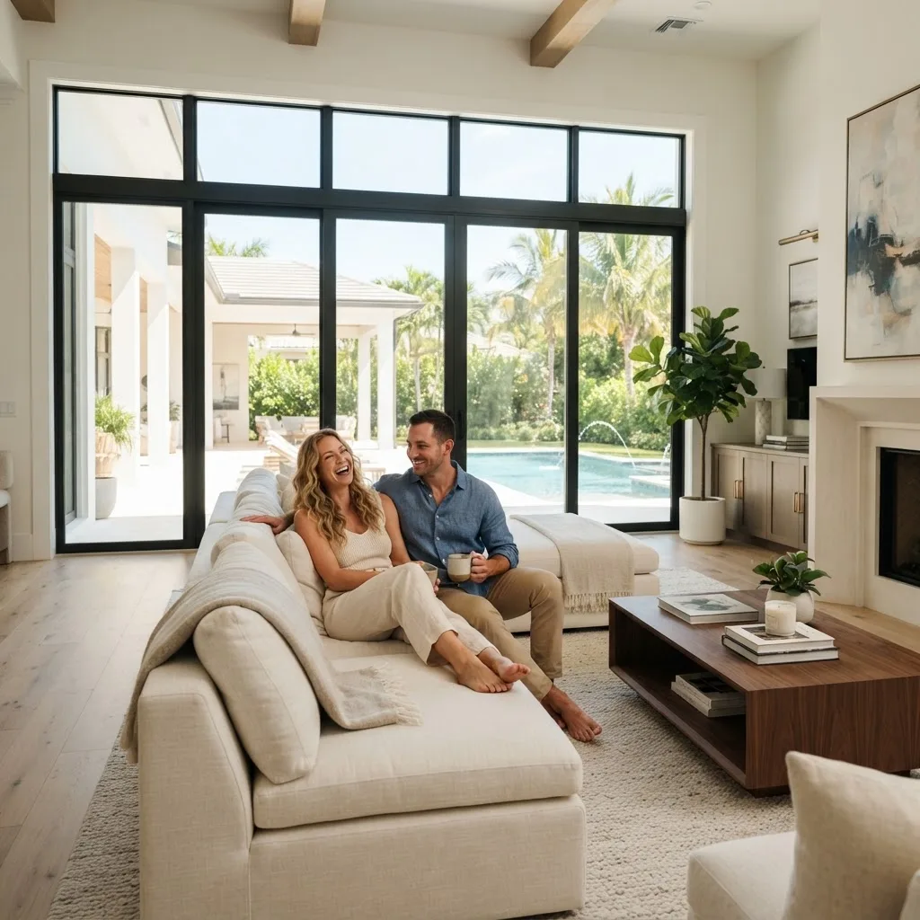 A couple relaxing in a bright Florida living room with new windows and doors