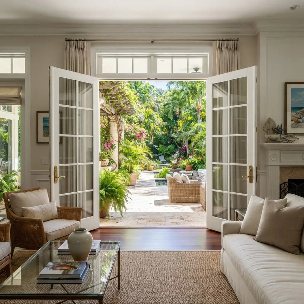 Pair of glass terrace doors swung open to a garden patio
