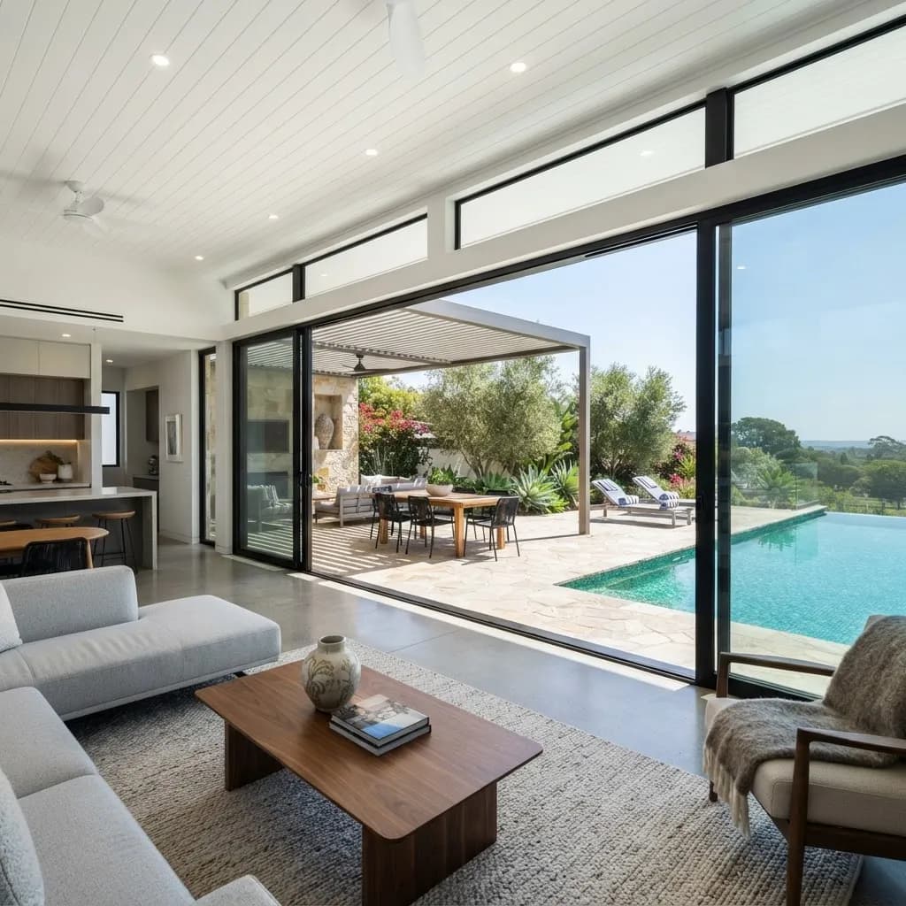 Wide four-panel sliding glass door looking out to a pool deck