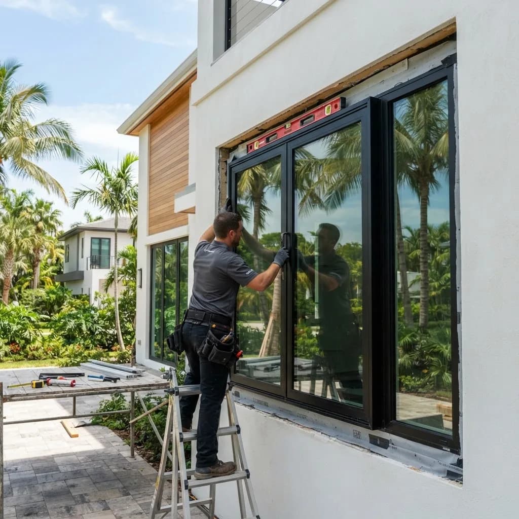 Installer fitting a black-framed window on a modern Florida home