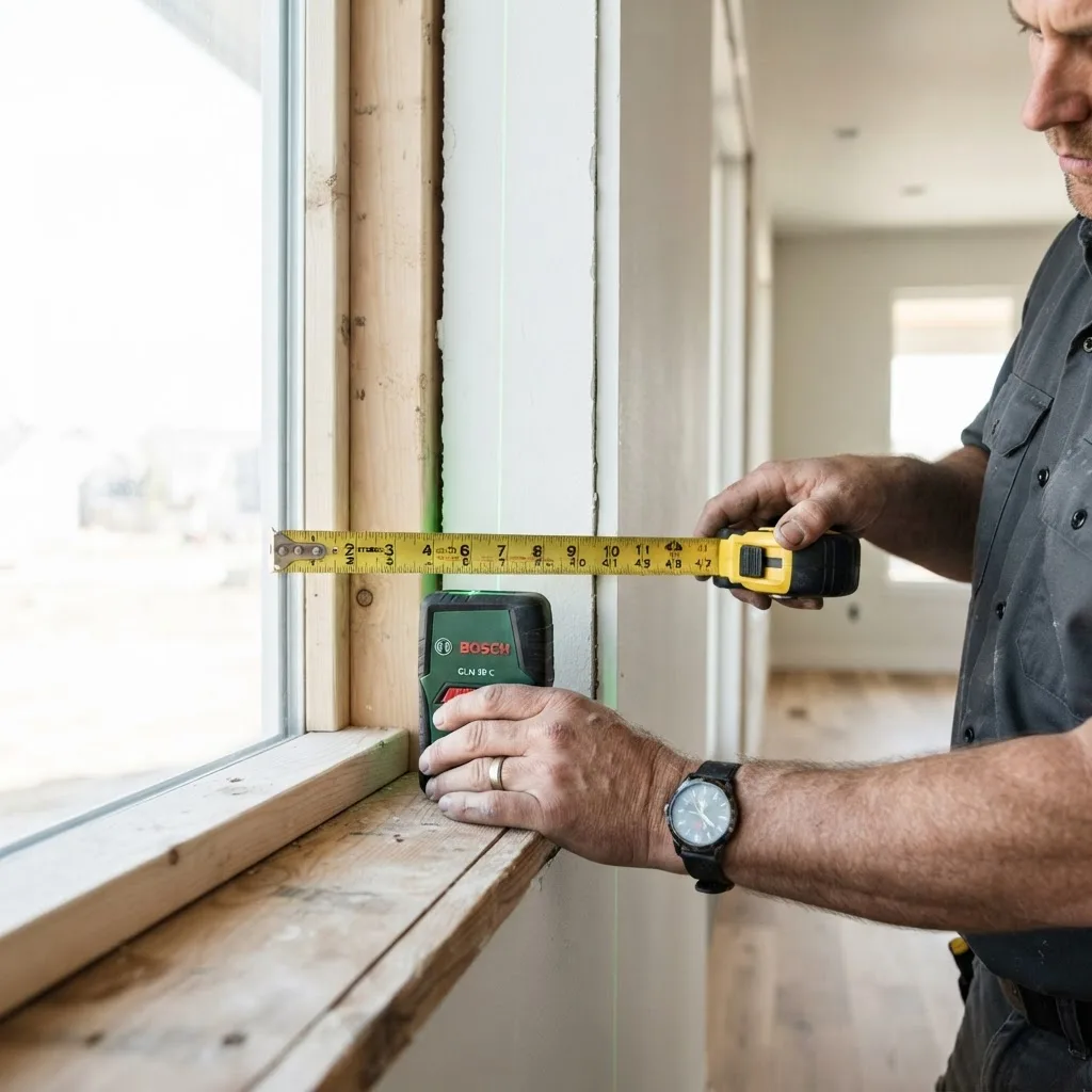 Specialist measuring a window opening with a tape measure and laser level