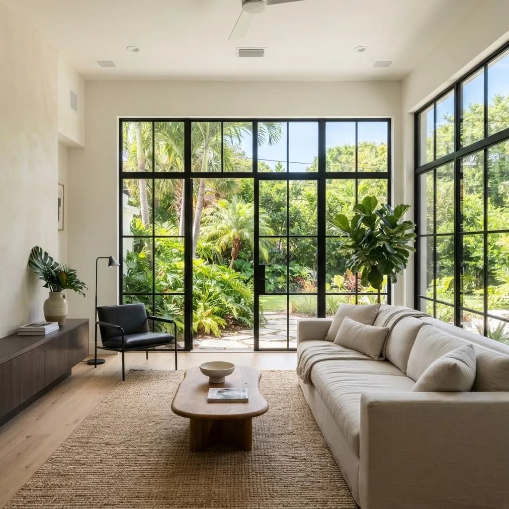 Bright living room with large energy-efficient windows
