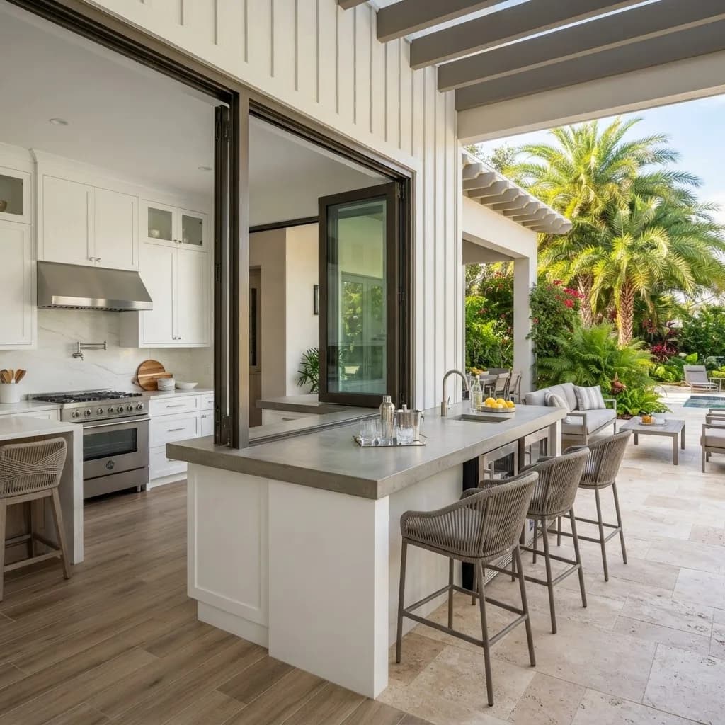 Pass-through kitchen window opening onto an outdoor patio bar