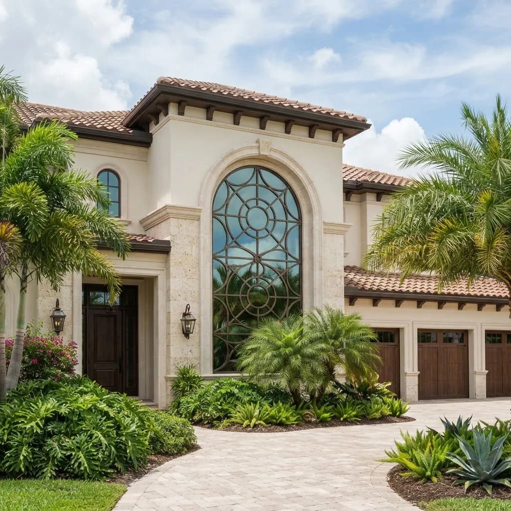 Elegant arched specialty window on a premium Florida home facade