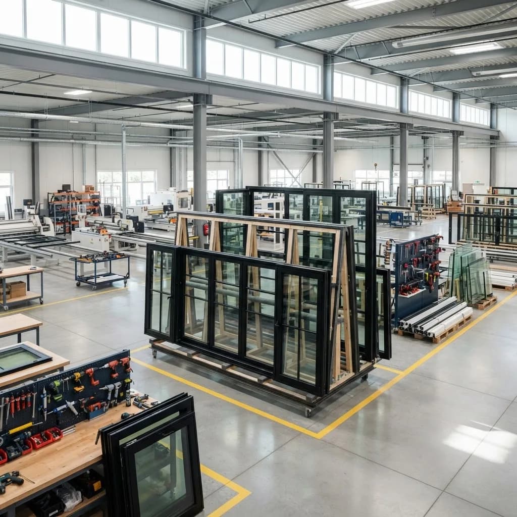 Window units on racks inside the EcoGlass manufacturing facility